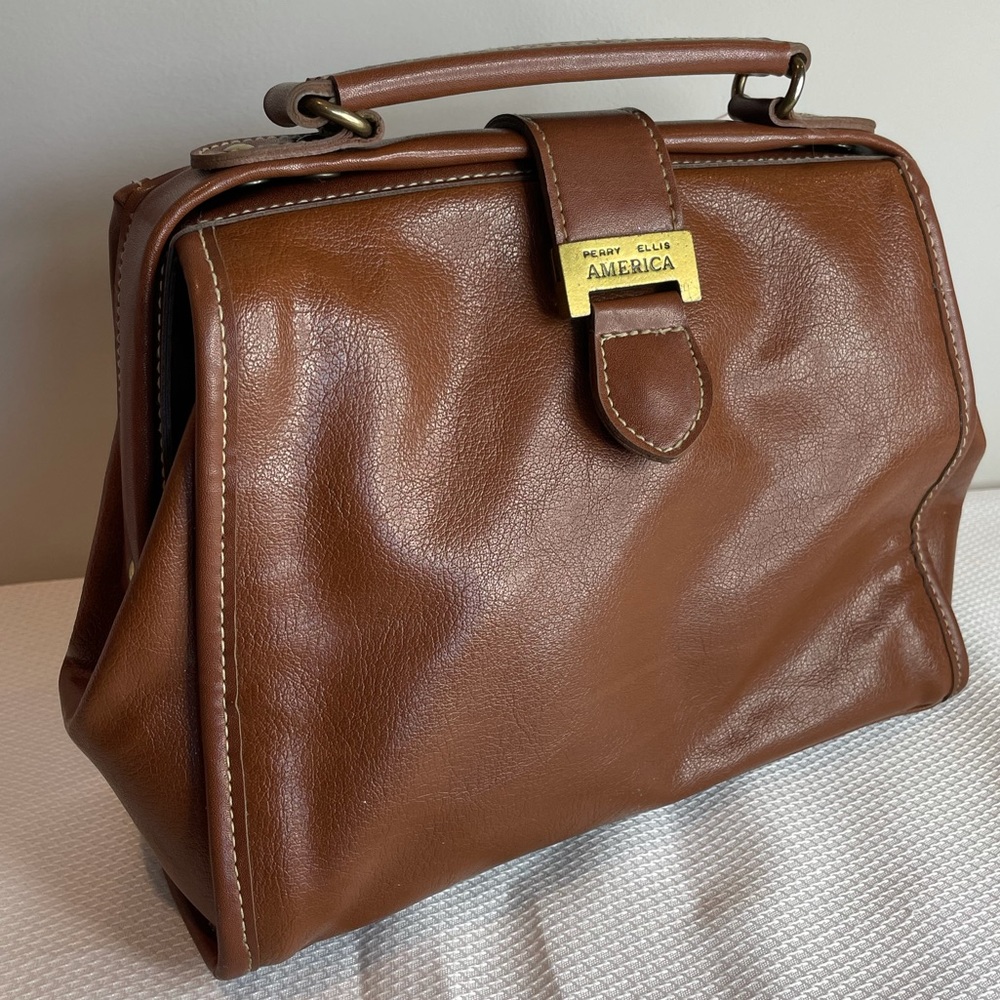 Perry Ellis Genuine Leather designer Vintage Satchel Handbag purse